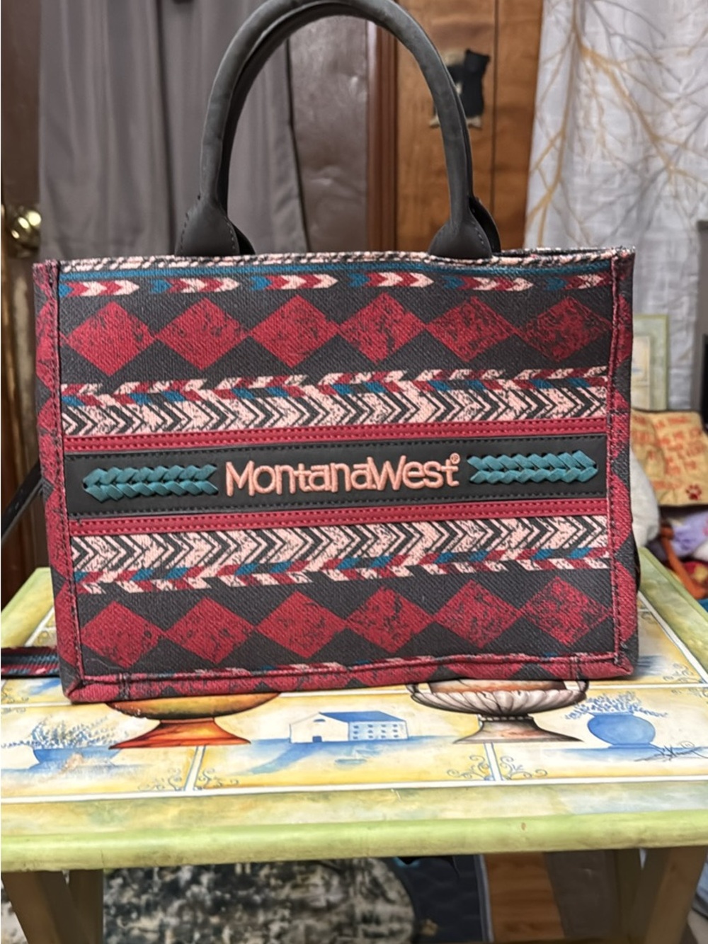 Montana West Red Patterned Tote with Teal Accents